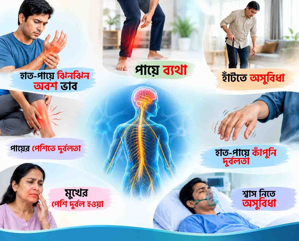 জিবিএস (GBS)-এর প্রাথমিক লক্ষণ বিষয়ক মেডিকেল ইনফোগ্রাফিক।